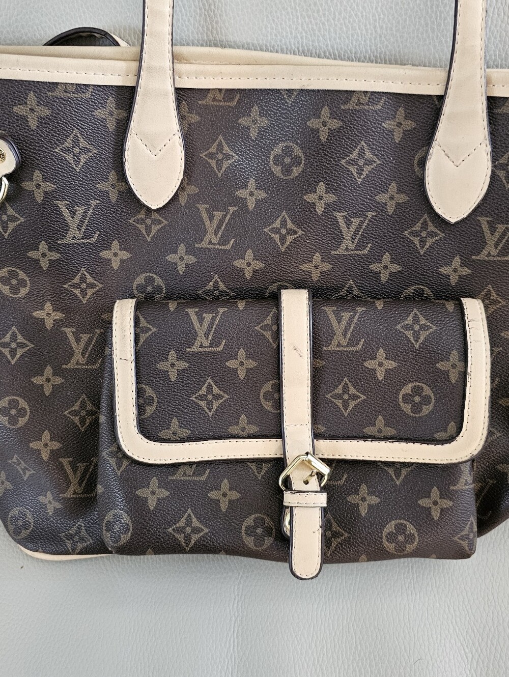 Brown Monogram Tote with Cream Trim and Front Pocket Ink Stain In Inside Lining